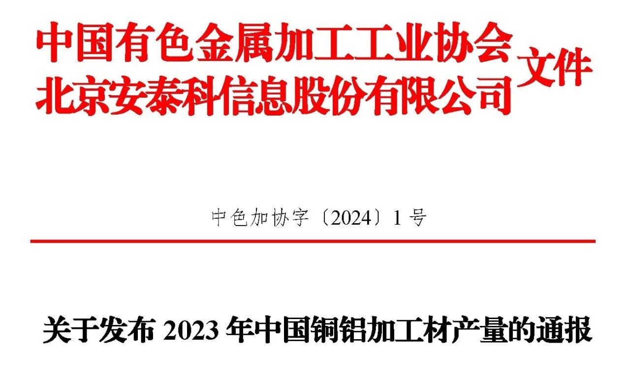2023年銅鋁加工材產(chǎn)量的通報文件?。?！